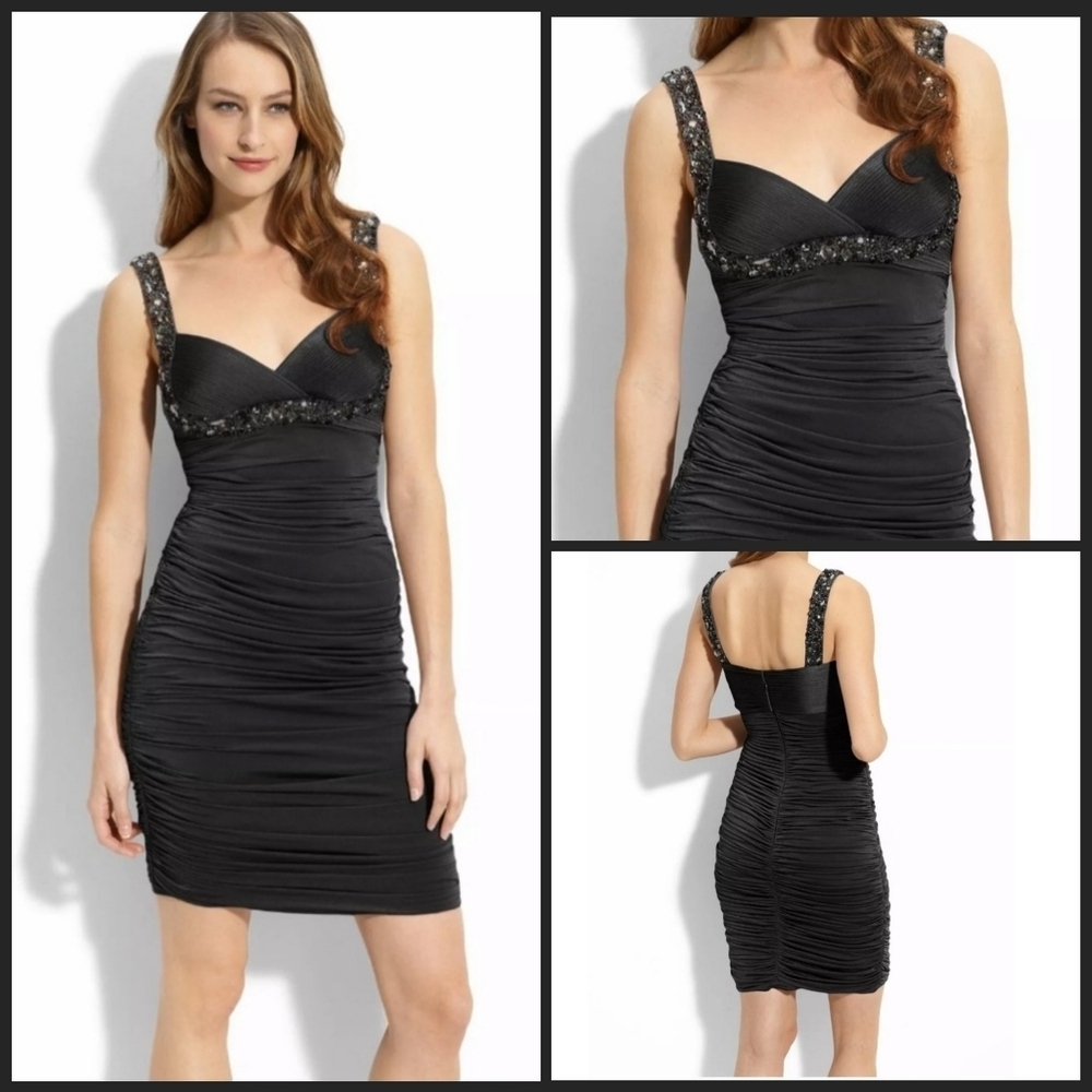 JS Boutique Black Ruched Jewel Studded Bodycon Cocktail Dress
